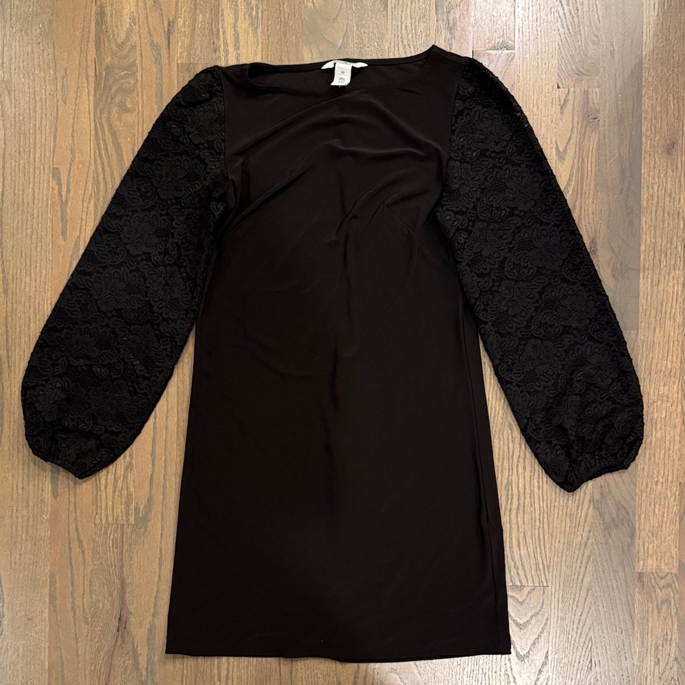 White House Black Market Elegant Black Dress with Lace Sleeves